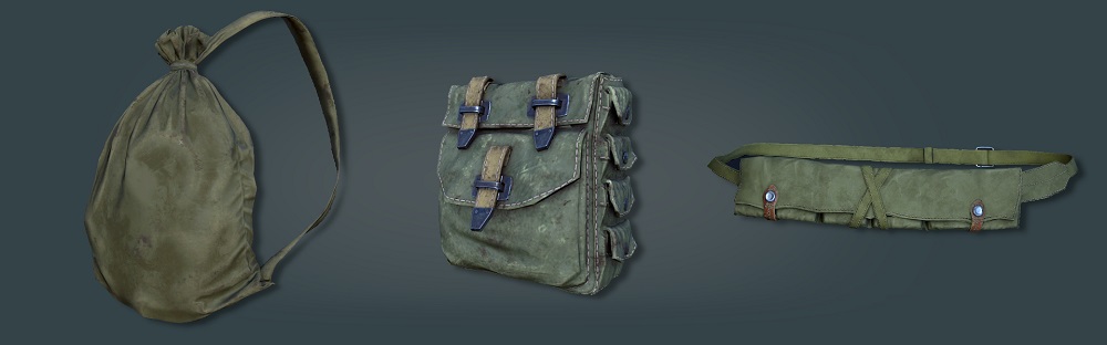 Советское снаряжение: вещмешок, сумка для взрывчатки и гранат, бандольер для патронов. Представленные модели не являются окончательными.
